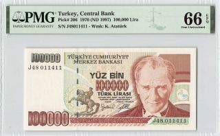 Turkey 1970 (nd 1997) P - 206 Pmg Gem Unc 66 Epq 100,  000 Lira