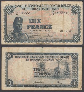 Belgian Congo 10 Francs 1957 (f - Vf) Banknote P - 30b
