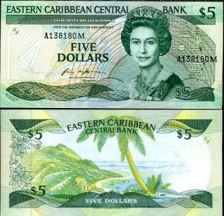 East Caribbean 5 Dollars 1986 - 1988 P 18 Suffix M Montserrat Qeii Au - Unc