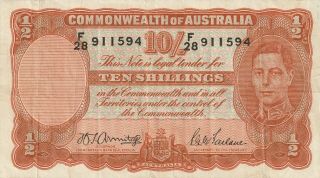 Vintage Australia 10 Shillings Banknote 1/2 Pound 1939 - 1952 Pick 25b Black Sigs