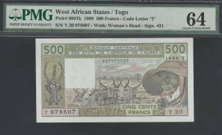 Pmg - 64 Ch Unc West African States 500 Francs - Togo 1989 P - 806tk