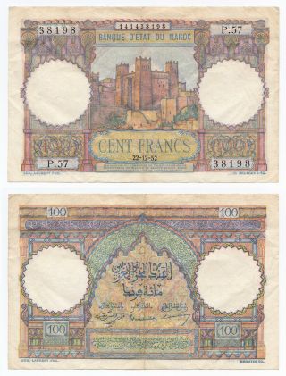 Morocco,  100 Francs 1952 (22.  12.  1952),  Pick 45,  Vf
