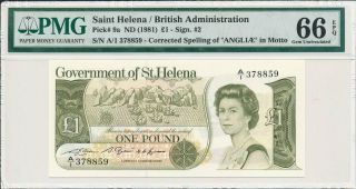 Government Of St.  Helena Saint Helena 1 Pound Nd (1981) Prefix A/1 Pmg 66epq