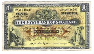 Royal Bank Of Scotland 1 Pound Vf/xf Banknote (1957) P - 324b Prefix Ap