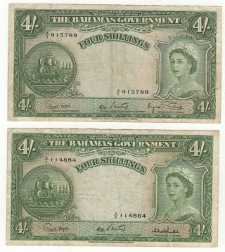 Two 1953 Bahamas 4 Shillings Different Signatures