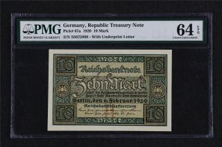 1920 Germany Republic Treasury Note 10 Mark Pick 67a Pmg 64 Epq Choice Unc