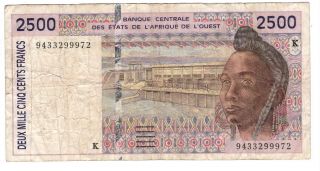 Senegal 2500 West Cfa Francs Vf Banknote (1994) P - 712kc Signature 27