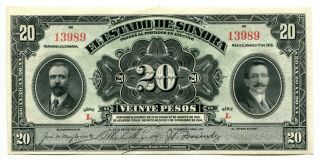 20 Pesos Mexico 1915 El Estado De Sonora Series L Pick S1074r Cu Avenuecoin