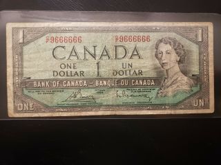 Fancy Number 1954 Canadian One Dollar Note O/f 9666666