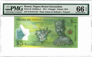 Brunei $5 Ringgit 2011,  P - 36,  Pmg 66 Epq Gem Unc,  S/n 011122,  Polymer