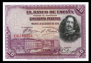 SPAIN / ESPAÑA,  50 Pesetas,  1928,  P - 75,  UNC Diego Velazquez 2