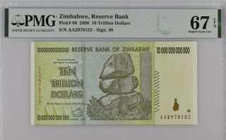 Zimbabwe 10 Trillion Dollars 2008 P 88 Gem Unc Pmg 67 Epq Nr