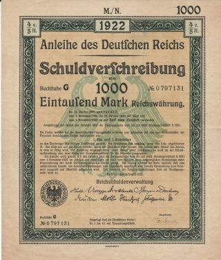 Germany 1000 Mark Bond 1922 With Coupons Uncancelled