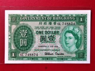 1959 Hong Kong 1 Dollar Old Banknote No:748874 @ Au (almost Unc)