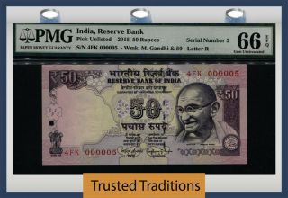 Tt Pk Unl 2015 India 50 Rupees Gandhi Block 4fk S/n 000005 Pmg 66 Epq 5 Of 10