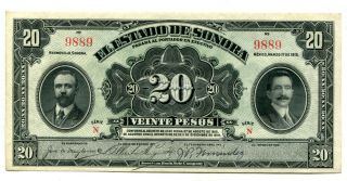 20 Pesos Mexico 1915 El Estado De Sonora Series N Pick S1074r Cu Avenuecoin