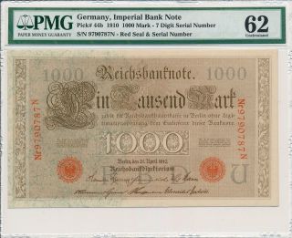 Imperial Bank Note Germany 1000 Mark 1910 7 Digit Serial Number Pmg 62