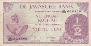 1/2 Roepiah Vf Banknote From Netherlands Indies/javasche Bank 1948 Pick - 97