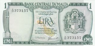 1 Lira/pound Unc Banknote From Malta Nd 1973 Pick - 31