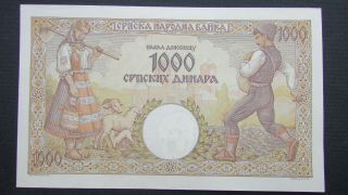 Serbia banknote 1000 Dinara 1942,  WWII,  P - 32,  Unc 2