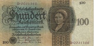 Germany 100 Reichsmark Banknote 11.  10.  1924 Choice Fine P 178 " Holbein "