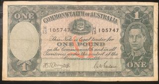 Australia 1942 Banknote 1 Pound King George Vi P 26