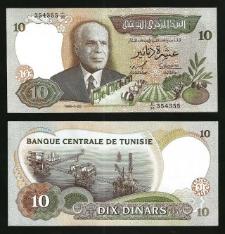 Tunisie Tunisia 10 Dinars 1986,  Unc,  P - 84,  Bourguiba,  Prefix D - 38