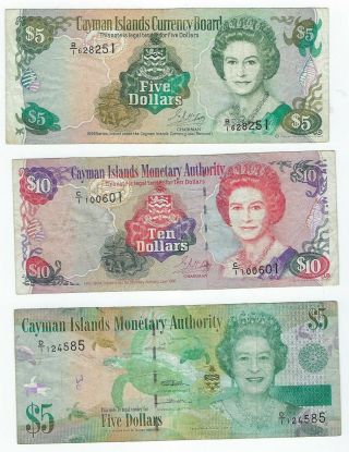 Cayman Islands P - 17,  23,  39 5,  10,  5 Dollars 1996,  98,  2010 Circulated 3 Notes