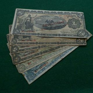 1914 Revolution 1,  5 & 20 Pesos Bank Note Gob Provisional De Mexico 6 Notes