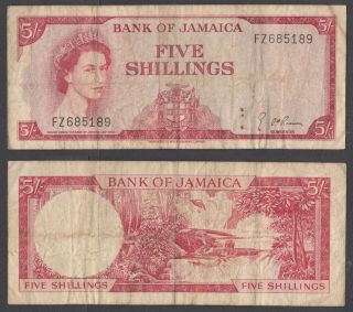 Jamaica 5 Shillings L.  1960 (1964) Qeii (f) Banknote P - 51ad
