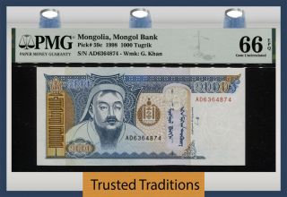 Tt Pk 59c 1998 Mongolia Mongol Bank 1000 Tugrik Pmg 66 Epq Gem Tied As Best