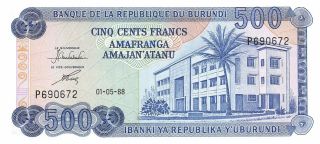 Burundi 500 Francs 01.  05.  1988 P 30c Prefix P Uncirculated Banknote