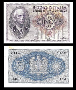 Italy,  5 Lire,  1940,  P - 28,  Wwii,  King Emanuaele Iii,  Vf / Xf