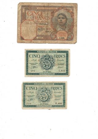 3 Billets Algérie Cinq Francs 1941 - 1942x2