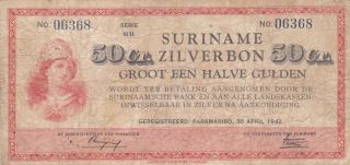 1/2 Gulden Vg Banknote From Netherlands Suriname 1942 Pick - 104
