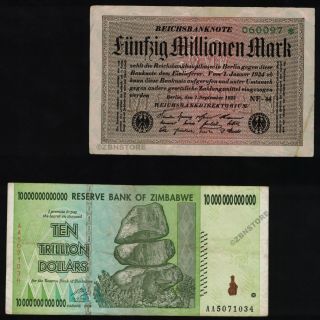 50 Million German Mark 1923 Banknote,  10 Trillion Zimbabwe Dollars 2008 Currency