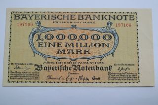 Germany 1 Million Mark 1923 Bavaria Munich " Bayerische Notenbank " Sharp Details
