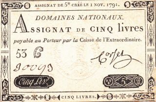 5 Livres Very Fine Crispy Banknote From French Revolution 1791 Pick - A42