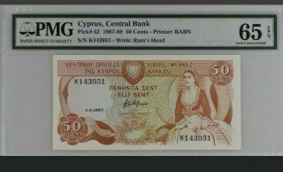 Cyprus 50 Cents 1987 65epq - Unc Banknote Pick 52