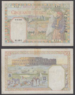 (b28) Tunisia 50 Francs 1942 (vg - F) Banknote P - 12