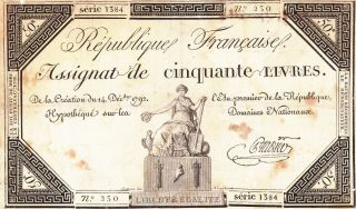50 Livres Fine Banknote From French Revolution 1792 Pick - A72 Rare
