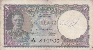 1 Rupee Fine Banknote From British Colony Of Ceylon 1943 Pick - 34