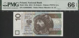 Tt Pk 183a 2012 Poland 10 Zlotych Prince Mieszko I Pmg 66 Epq Gem Uncirculated