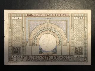Morocco 50 Francs 1947 Banknote.  French Colony.  Large Note
