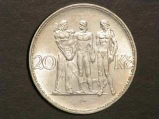 Czechoslovakia 1934 20 Korun 3 Figures Silver Bu