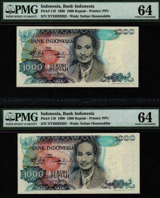 Tt Pk 119 1980 Indonesia Bank 1000 Rupiah Dr.  Soetomo Pmg 64 Seq Set Of Two