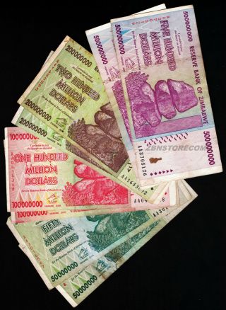 2 X 500/200/100/50 Million Zimbabwe Dollars 8 Bank Notes Total Pre - Trillion 2008