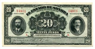 20 Pesos Mexico 1915 El Estado De Sonora Series L Pick S1074r Au - Cu Avenuecoin