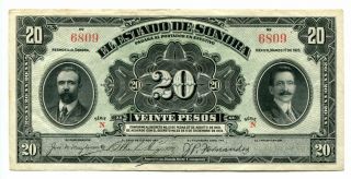 20 Pesos Mexico 1915 El Estado De Sonora Series N Pick S1074r Au,  Avenuecoin