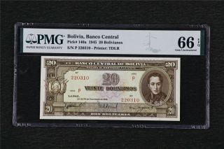 1945 Bolivia Banco Central 20 Bolivianos Pick 140a Pmg 66 Epq Gem Unc